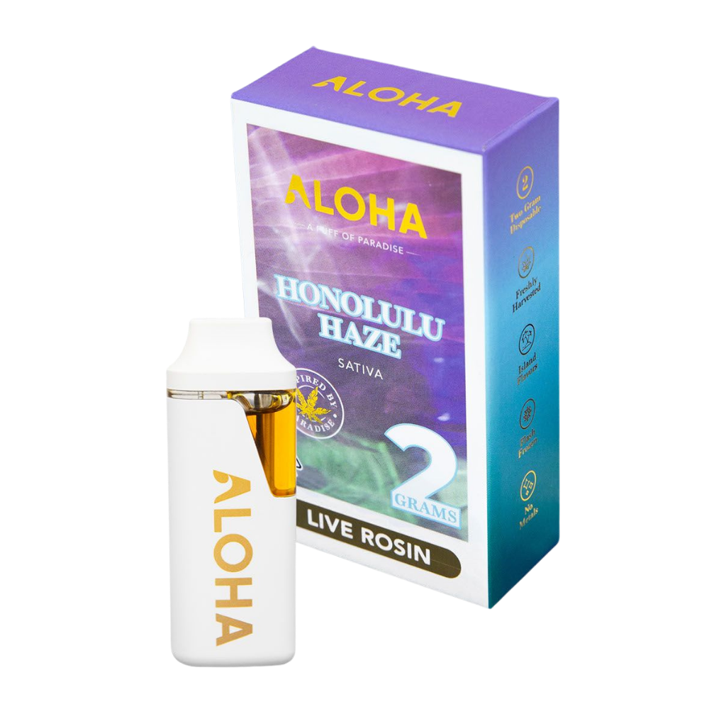 ALOHA 2g – Honolulu Haze Disposable Pen – Live Hash Rosin (Sativa) Aloha Honolulu Haze live rosin cannabis box with a white vape bottle labeled ALOHA next to it.