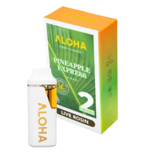 ALOHA 2g – Pineapple Express Disposable Pen – Live Hash Rosin (Hybrid) White vape device with amber liquid beside the ALOHA Pineapple Express Live Rosin box