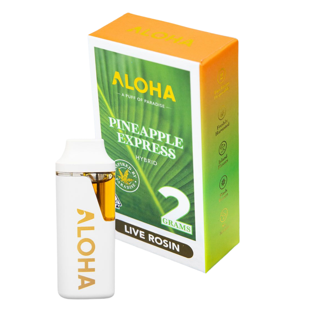 ALOHA 2g – Pineapple Express Disposable Pen – Live Hash Rosin (Hybrid) White vape device with amber liquid beside the ALOHA Pineapple Express Live Rosin box