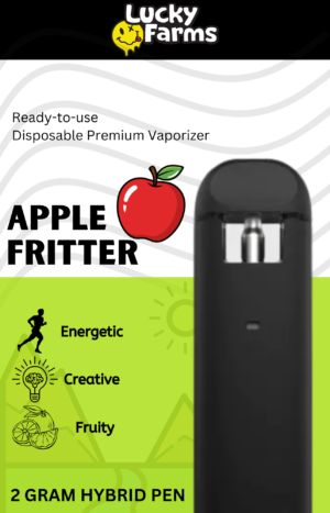 2g – Apple Fritter Disposable Pen (Hybrid) Lucky Farms Apple Fritter 2g hybrid pen packaging with apple graphic and a black vaporizer partially visible