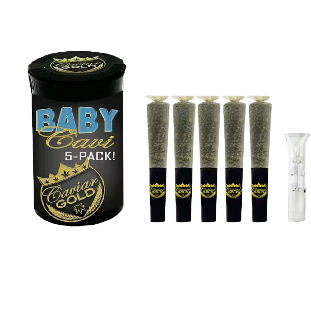 Baby Cavi – Blue Glue 2.5g – (Hybrid) Black Baby Cavi 5-Pack cannabis product jar with five pre-rolled joints in tubes and a small glass smoking accessory on the right