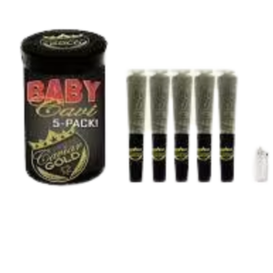 Baby Cavi – CG58 2.5g – (Indica) Black container labeled 'BABY' with '5-PACK' text beside a row of five slim cosmetic tubes with silver caps and dark bases, plus a small white plug-like accessory on the right.