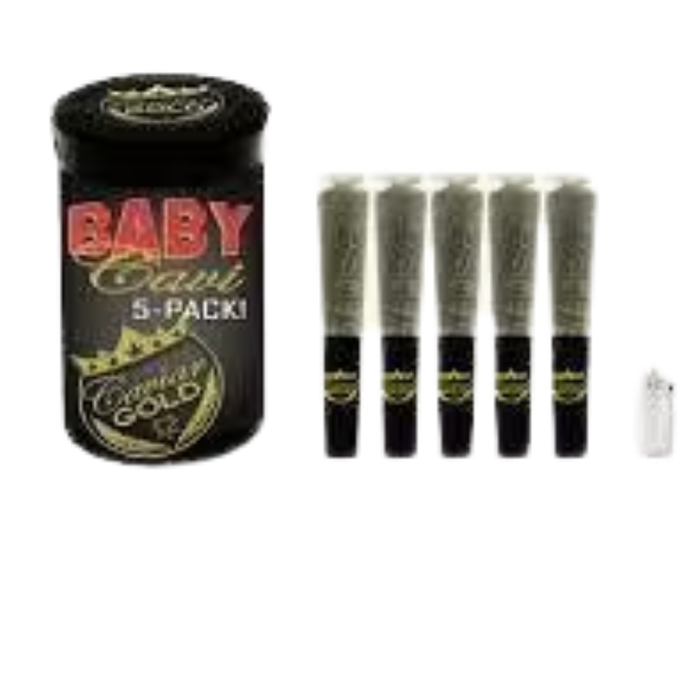 Baby Cavi – CG58 2.5g – (Indica) Black container labeled 'BABY' with '5-PACK' text beside a row of five slim cosmetic tubes with silver caps and dark bases, plus a small white plug-like accessory on the right.