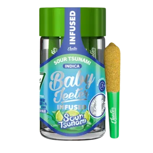 Baby Jeeter – Sour Tsunami – 2.5g – (Indica) Infused bottle labeled Sour Tsunami with a blue-green label that reads Baby Teeter, green cap, and a matching green applicator beside it.