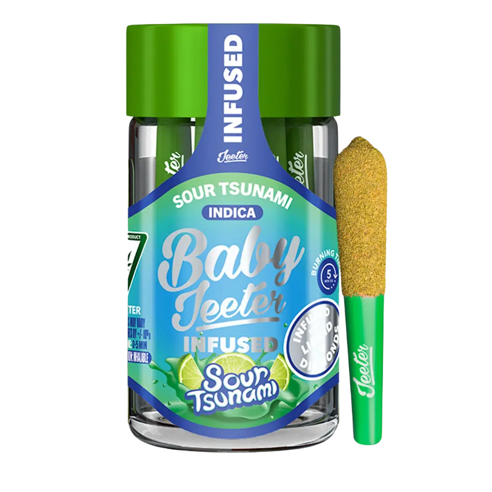 Baby Jeeter – Sour Tsunami – 2.5g – (Indica) Infused bottle labeled Sour Tsunami with a blue-green label that reads Baby Teeter, green cap, and a matching green applicator beside it.