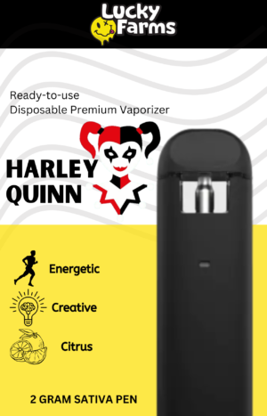 2g – Harley Quinn Disposable Pen (Sativa) Lucky Farms logo with a yellow smiley face, Harley Quinn image, and a black disposable vape pen on a yellow panel; promotional text visible.