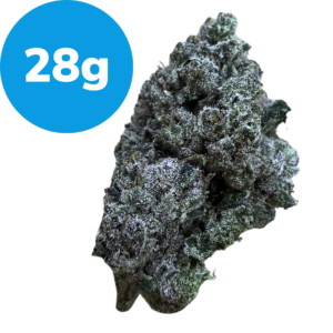 28g – Purple Bubba (Indica) Cannabis bud with a blue badge reading 28g indicating weight