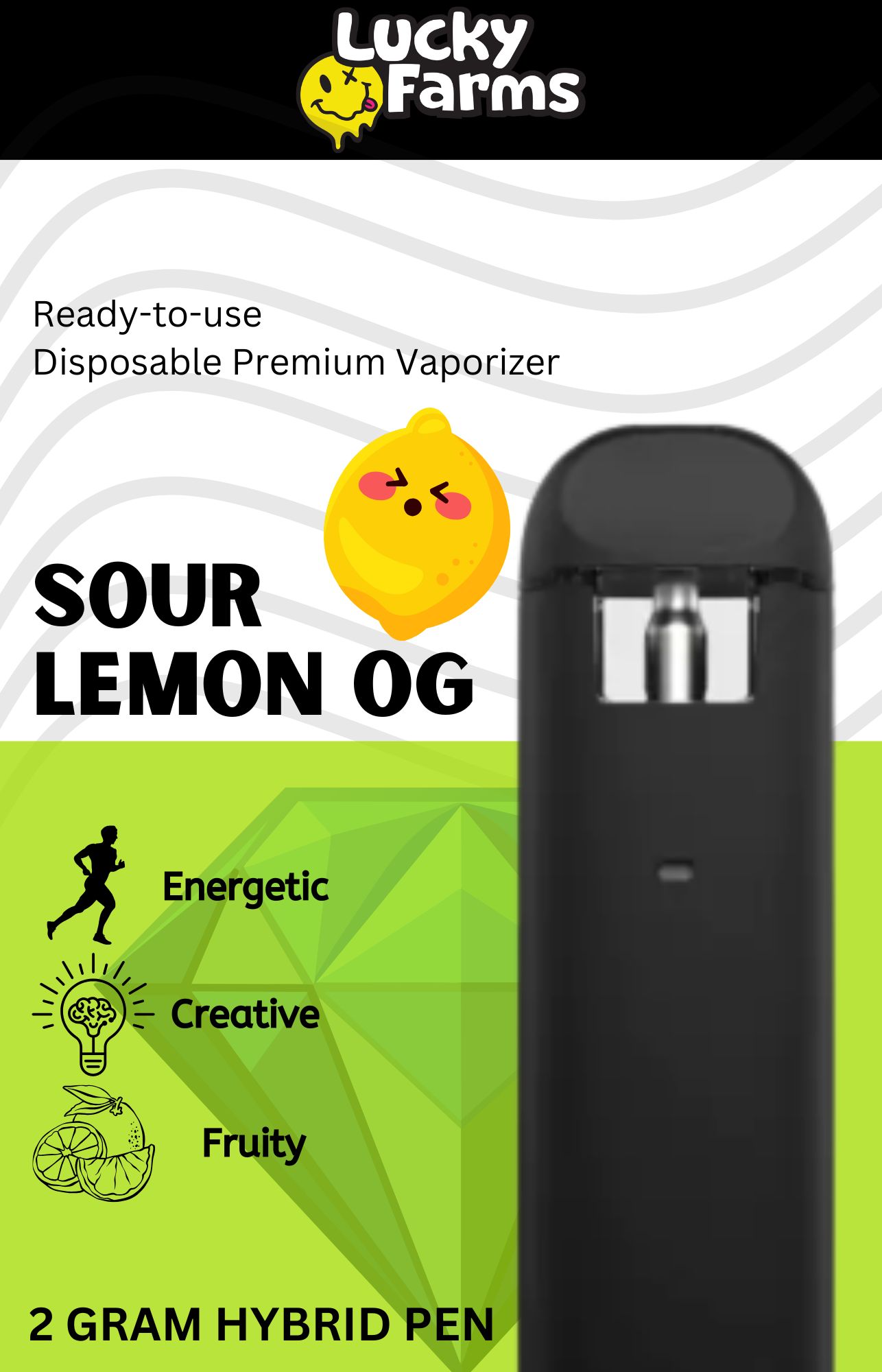 2g – Sour Lemon OG Disposable Pen (Hybrid) Packaging for Lucky Farms Sour Lemon OG 2g hybrid vape pen, with lemon emoji and vape device image on the right.