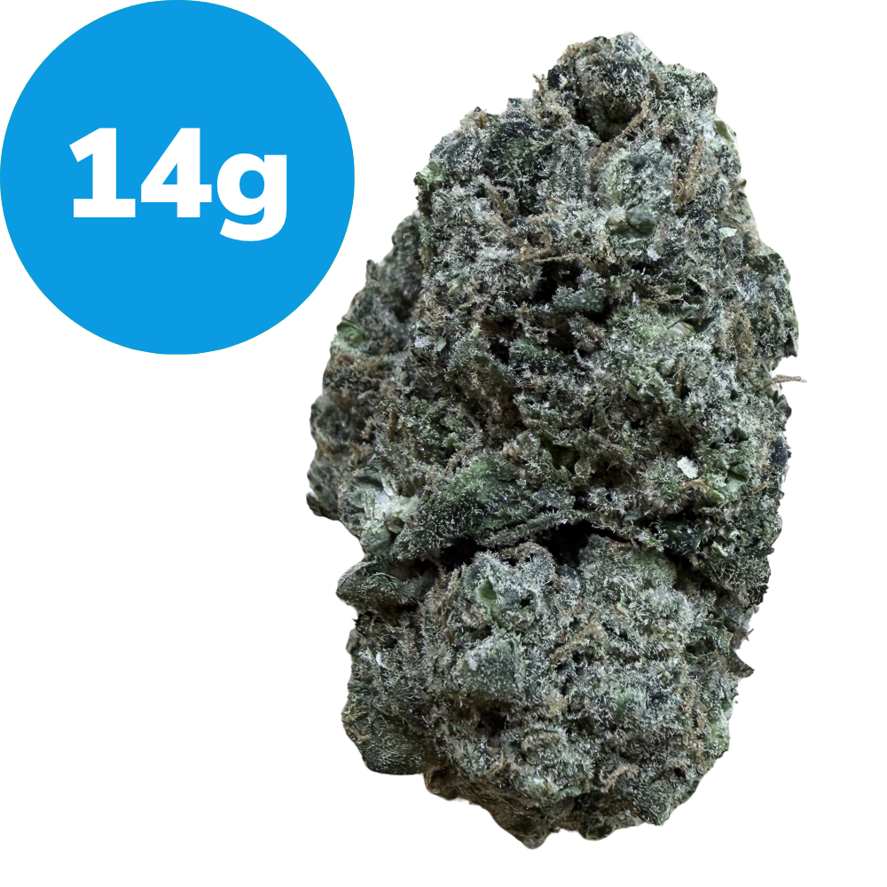 14g – Space Garlic (Indica) Cannabis bud nugget with a blue badge reading '14g' indicating weight