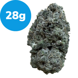28g – Space Garlic (Indica) Cannabis bud covered in frosty trichomes with a 28 g label nearby.