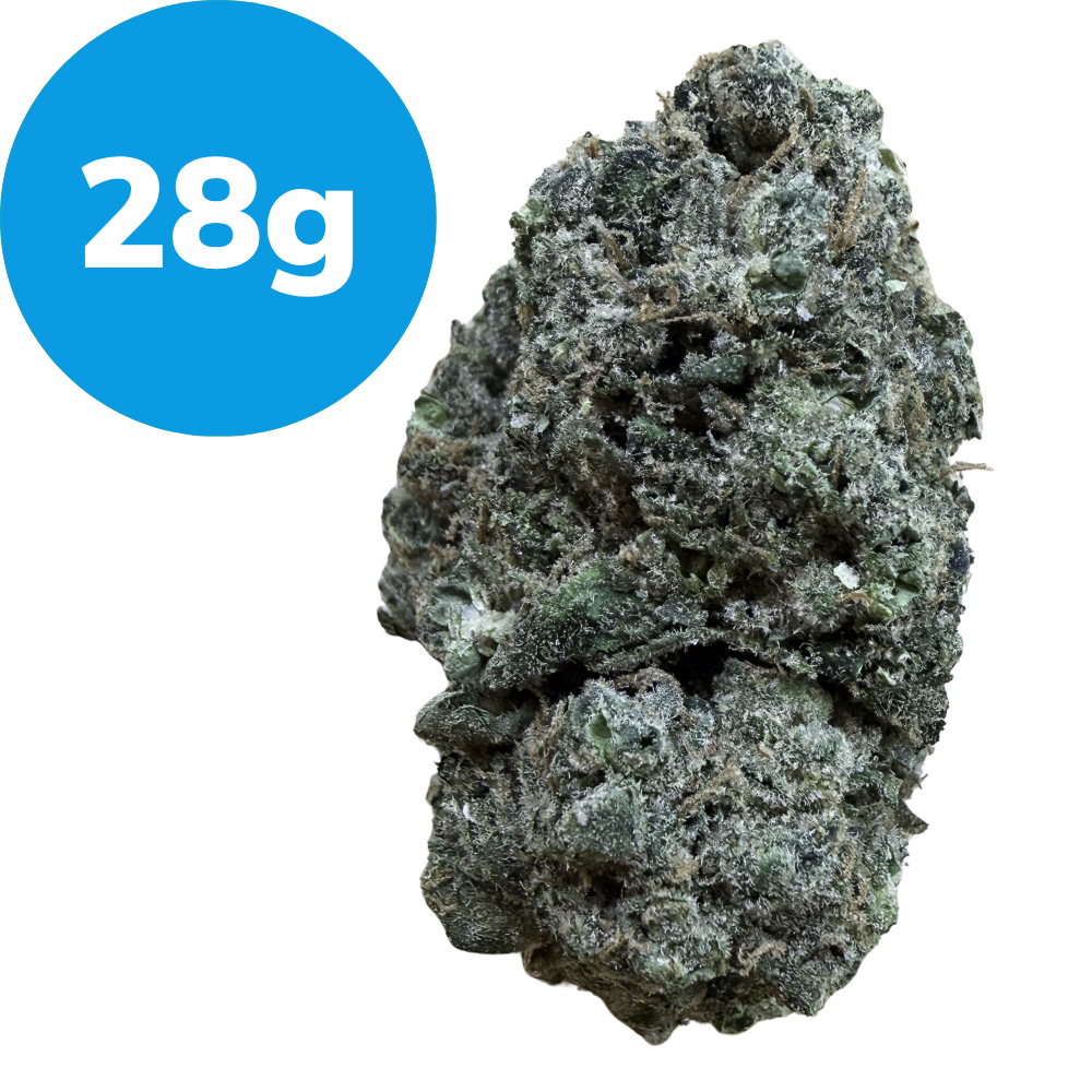 28g – Space Garlic (Indica) Cannabis bud covered in frosty trichomes with a 28 g label nearby.