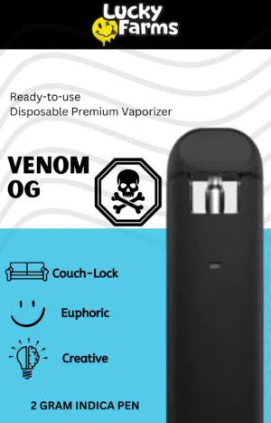 2g – Venom OG Disposable Pen (Indica) Banner for Lucky Farms ready-to-use disposable premium vaporizer, Venom OG, with skull icon and vape device image.