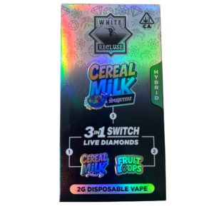White Recluse Switch 2g – Cereal Milk Supreme Disposable Pen – Live Diamonds (Hybrid) Holographic vape box showing 'White Recluse' brand and 'Cereal Milk Supreme' with 3-in-1 switches and diamonds; 2g disposable vape label at bottom