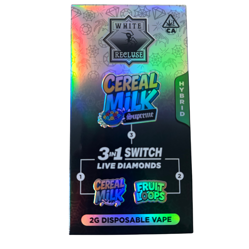 White Recluse Switch 2g – Cereal Milk Supreme Disposable Pen – Live Diamonds (Hybrid) Holographic vape box showing 'White Recluse' brand and 'Cereal Milk Supreme' with 3-in-1 switches and diamonds; 2g disposable vape label at bottom