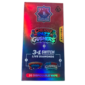White Recluse Switch 2g – Cherry Razz Gushers Disposable Pen – Live Diamonds (Sativa) Packaging for Cherry Razz Gushers 2G disposable vape with a colorful gradient design.