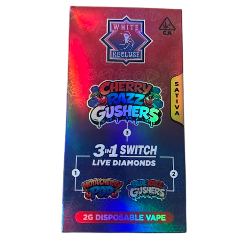 White Recluse Switch 2g – Cherry Razz Gushers Disposable Pen – Live Diamonds (Sativa) Packaging for Cherry Razz Gushers 2G disposable vape with a colorful gradient design.