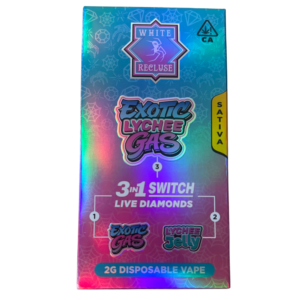 White Recluse Switch 2g – Exotic Lychee Gas Disposable Pen – Live Diamonds (Sativa) Holographic vape box labeled Exotic Gas, Lychee Jelly flavor, 2g disposable vape with 3-in-1 Switch.