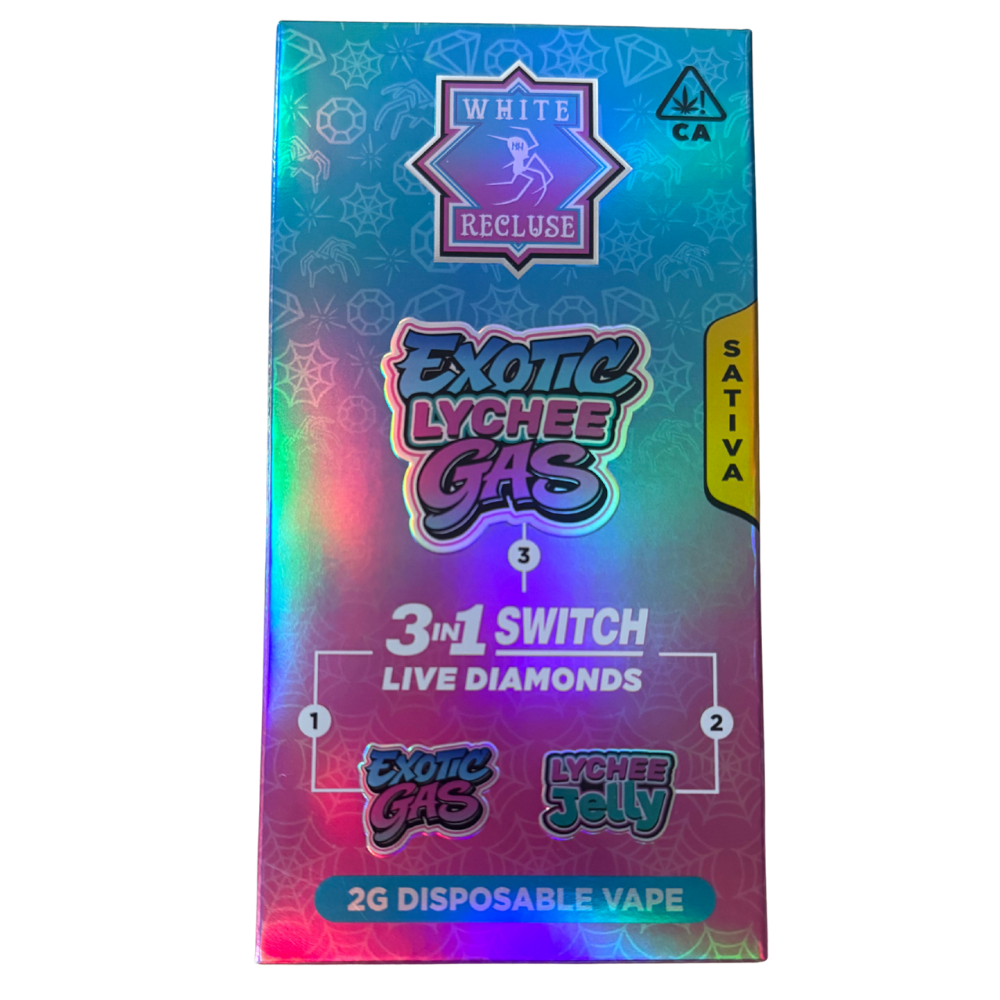 White Recluse Switch 2g – Exotic Lychee Gas Disposable Pen – Live Diamonds (Sativa) Holographic vape box labeled Exotic Gas, Lychee Jelly flavor, 2g disposable vape with 3-in-1 Switch.