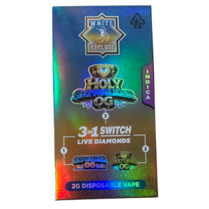 White Recluse Switch 2g – Holy Skywalker OG Disposable Pen – Live Diamonds (Indica) Holographic vape packaging showing 'Holy Skywalker OG' 3-in-1 switch, Indica, with 2g disposable vape label at the bottom