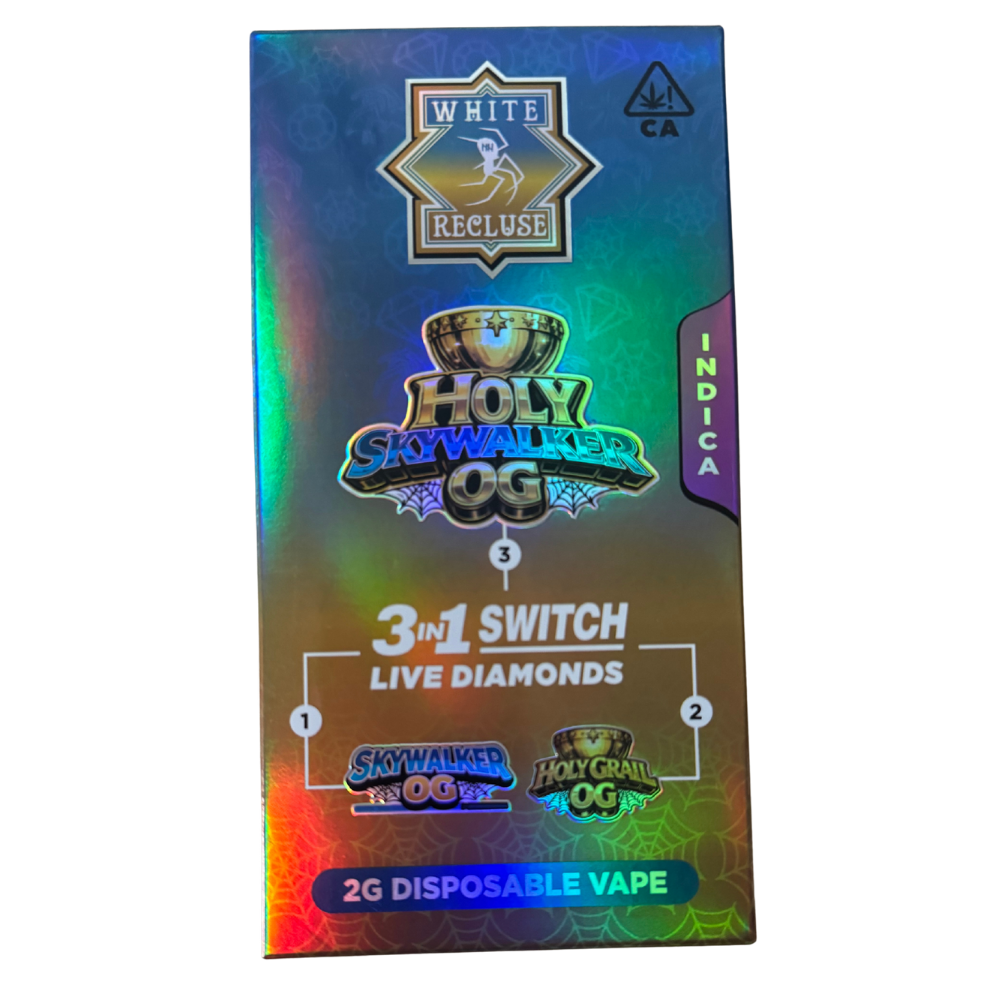 White Recluse Switch 2g – Holy Skywalker OG Disposable Pen – Live Diamonds (Indica) Holographic vape packaging showing 'Holy Skywalker OG' 3-in-1 switch, Indica, with 2g disposable vape label at the bottom