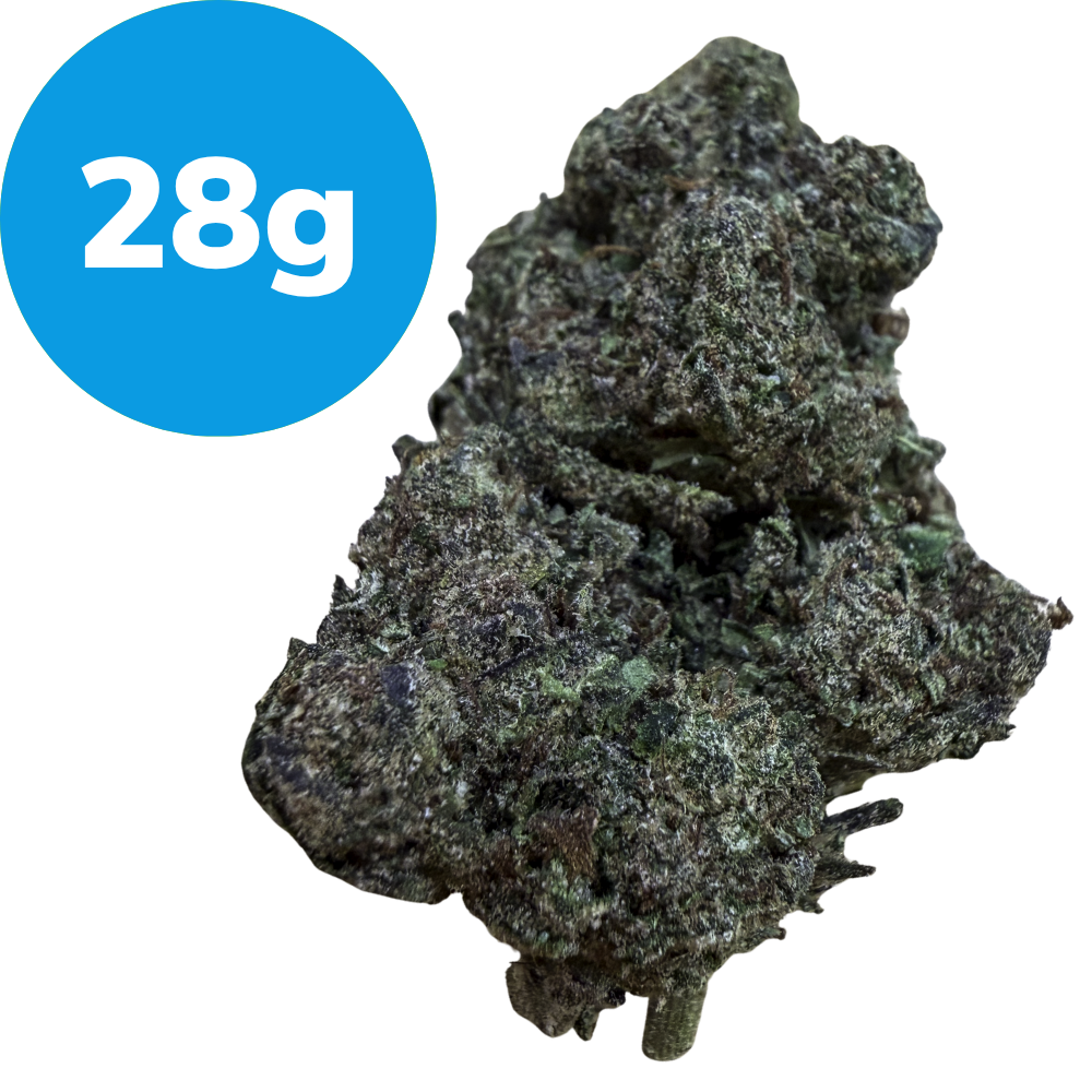 28g – Bubblegum Gelato (Indica) Cannabis bud weighing 28 grams with dense green crystals and trichomes
