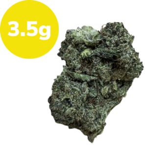 3.5g – Jack (Sativa) Cannabis bud with frosty trichomes beside a bright yellow circle reading '3.5g'.