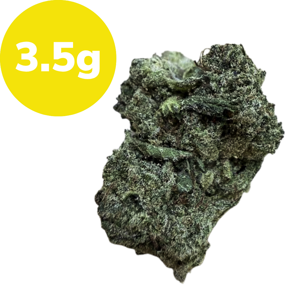 3.5g – Jack (Sativa) Cannabis bud with frosty trichomes beside a bright yellow circle reading '3.5g'.