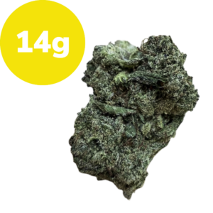 28g – Jack (Sativa) Dried cannabis bud with frosty green crystals and a yellow badge reading 14g is shown in the corner.