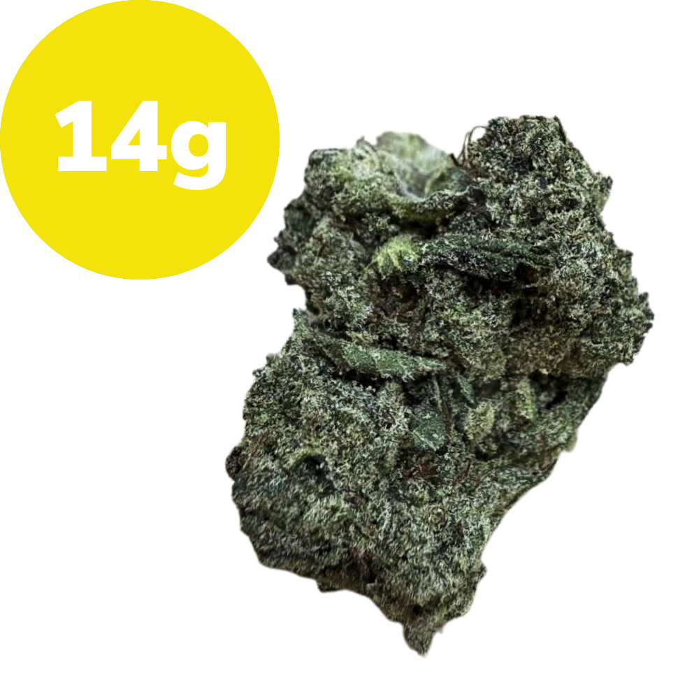 28g – Jack (Sativa) Dried cannabis bud with frosty green crystals and a yellow badge reading 14g is shown in the corner.