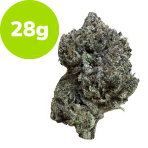 28g – RS11 (Hybrid) Cannabis bud with frosty trichomes and a bright green 28g label badge on the left