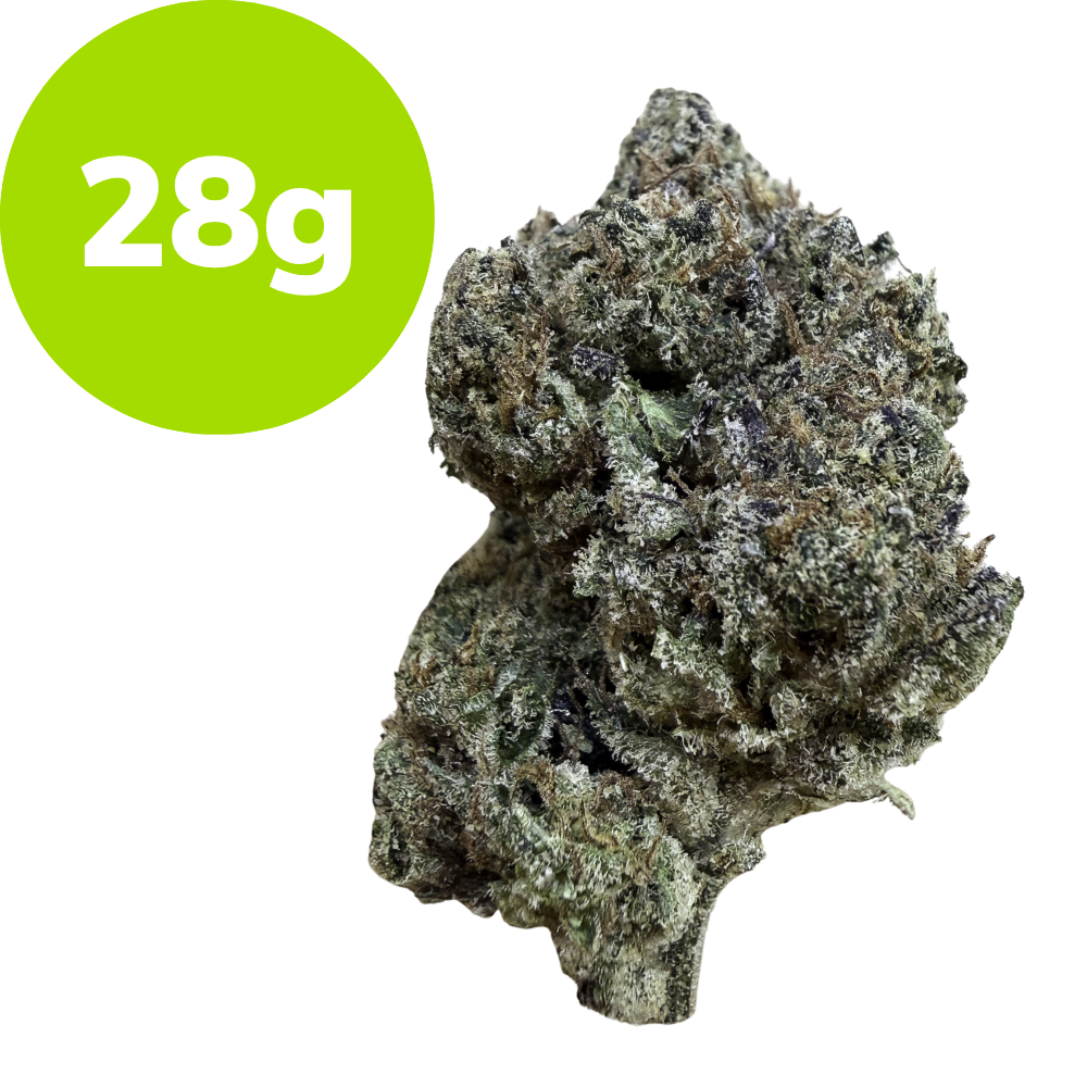 28g – RS11 (Hybrid) Cannabis bud with frosty trichomes and a bright green 28g label badge on the left