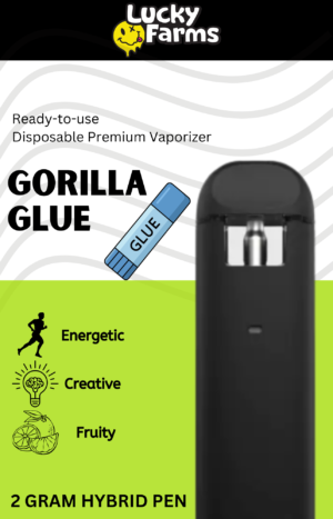2g – Gorilla Glue Disposable Pen (Hybrid) Packaging for Lucky Farms Gorilla Glue 2-gram hybrid pen, showing a glue tube graphic and a black vape device on a lime-green feature panel.
