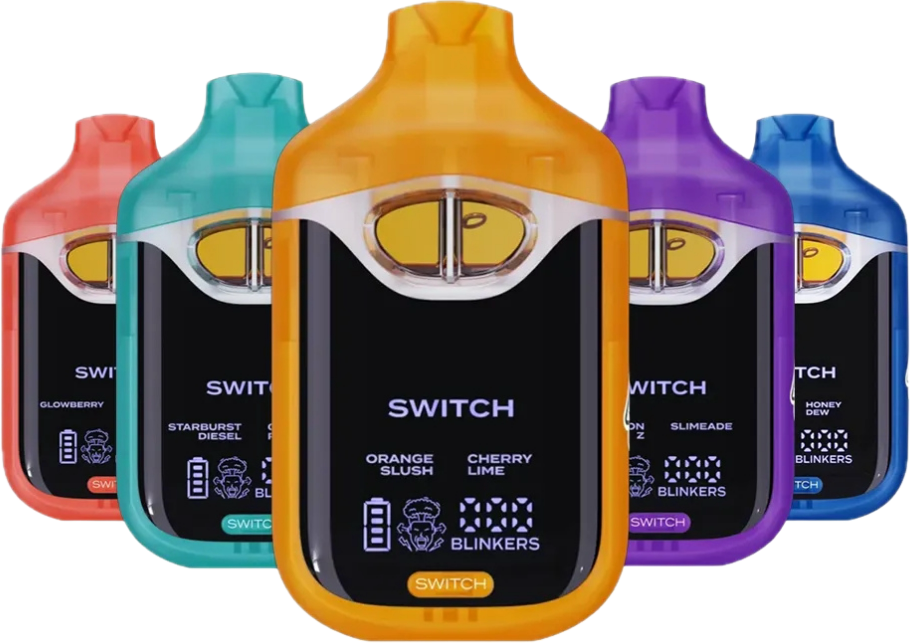 BOUTIQ SWITCH Gum- 2g – ADL (H) x X-41 (H) x Daydream (I) Set of five colorful Switch vape devices (red, teal, orange, purple, blue) with black screens showing options and a yellow SWITCH label.