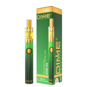 Dime Live Resin – 1g Dime OG Disposable Pen (Indica) Green and gold DIME vape pen with packaging box showing 'DIME' branding and 'INDICA' at the bottom edge.