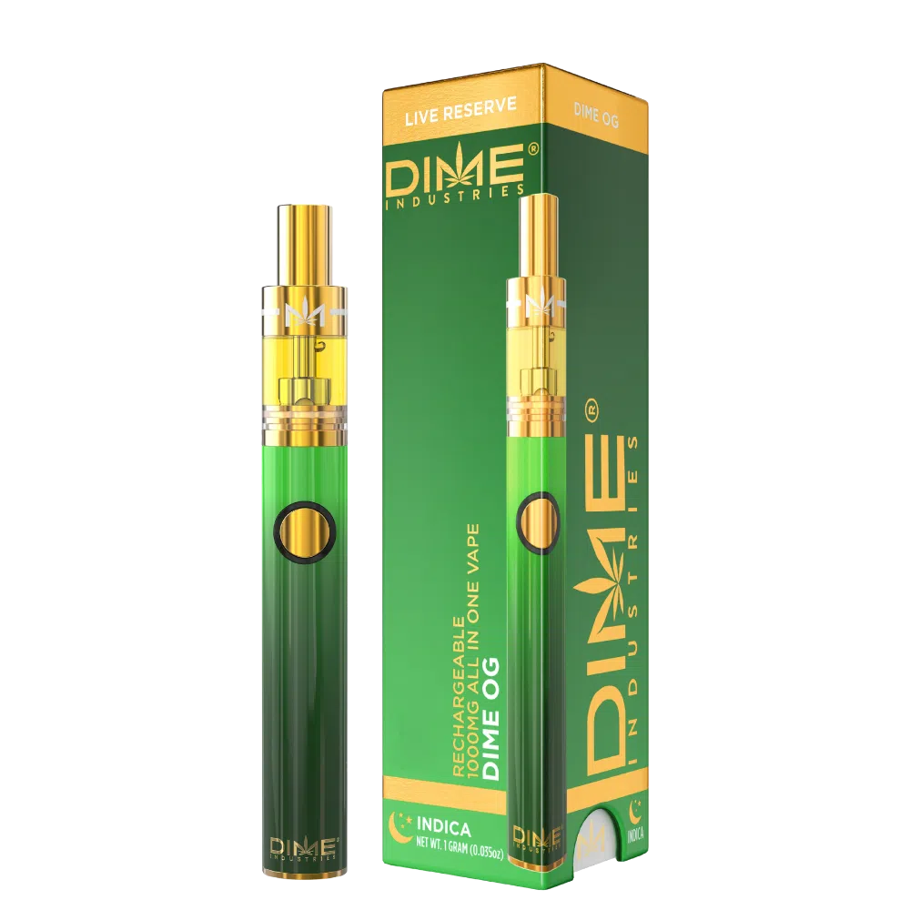 Dime Live Resin – 1g Dime OG Disposable Pen (Indica) Green and gold DIME vape pen with packaging box showing 'DIME' branding and 'INDICA' at the bottom edge.