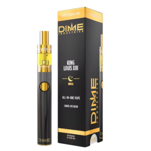 Dime Live Resin – 1g King Louis Disposable Pen (Indica) DIME King Louis XIII all-in-one vape pen with black body and gold accents beside its packaging.
