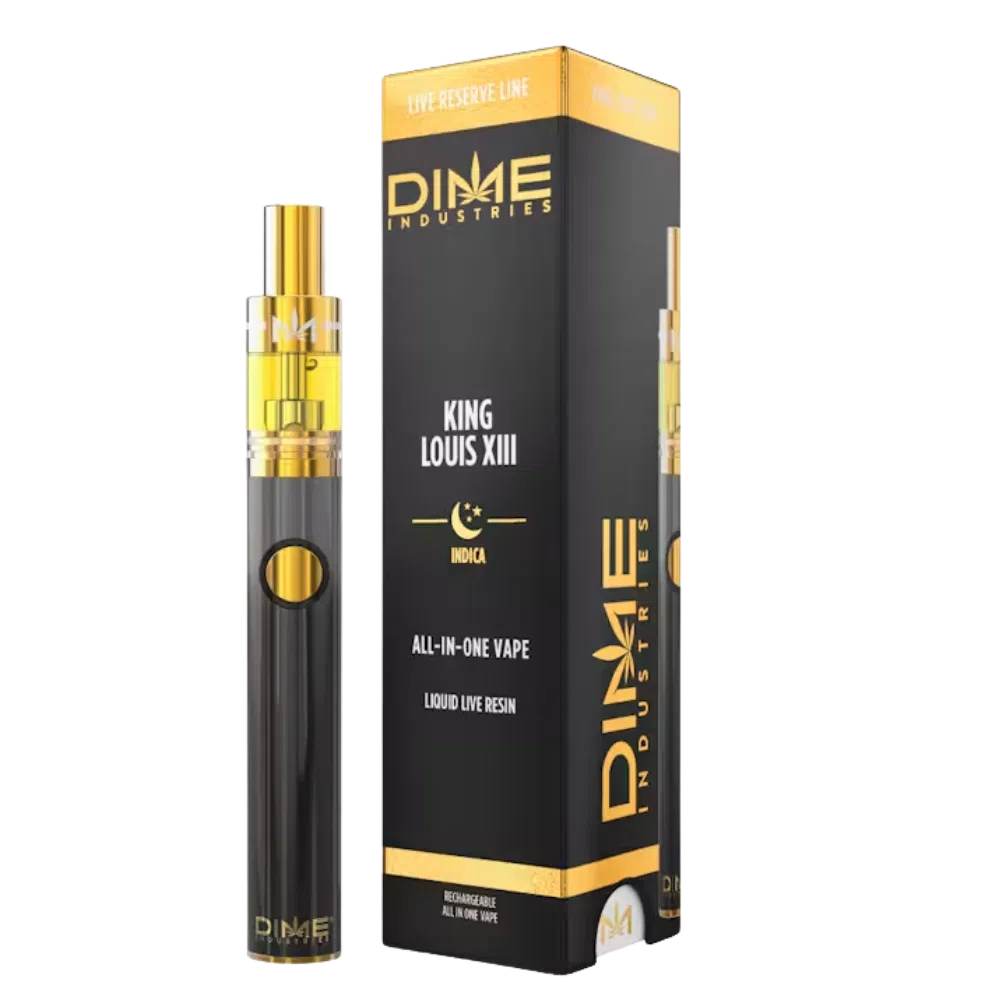 Dime Live Resin – 1g King Louis Disposable Pen (Indica) DIME King Louis XIII all-in-one vape pen with black body and gold accents beside its packaging.