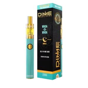 Dime Live Resin – 1g Whoa Si Whoa Disposable Pen (Indica) Vaping device with turquoise body beside a black and turquoise DIME Industries box showing 'ALL-IN-ONE VAPE' text.