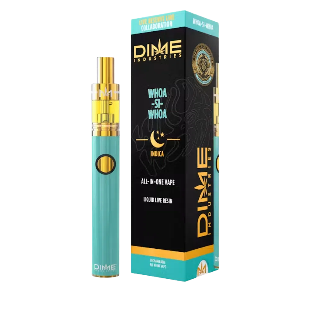 Dime Live Resin – 1g Whoa Si Whoa Disposable Pen (Indica) Vaping device with turquoise body beside a black and turquoise DIME Industries box showing 'ALL-IN-ONE VAPE' text.