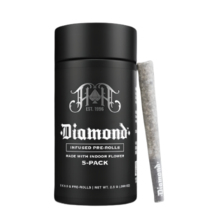 Heavy Hitters Infused Diamonds Multipack – COTC OG – 2.5g (Indica) Black cylindrical jar labeled Diamond Infused Pre-Rolls, 5-pack, with a single pre-roll leaning against it.