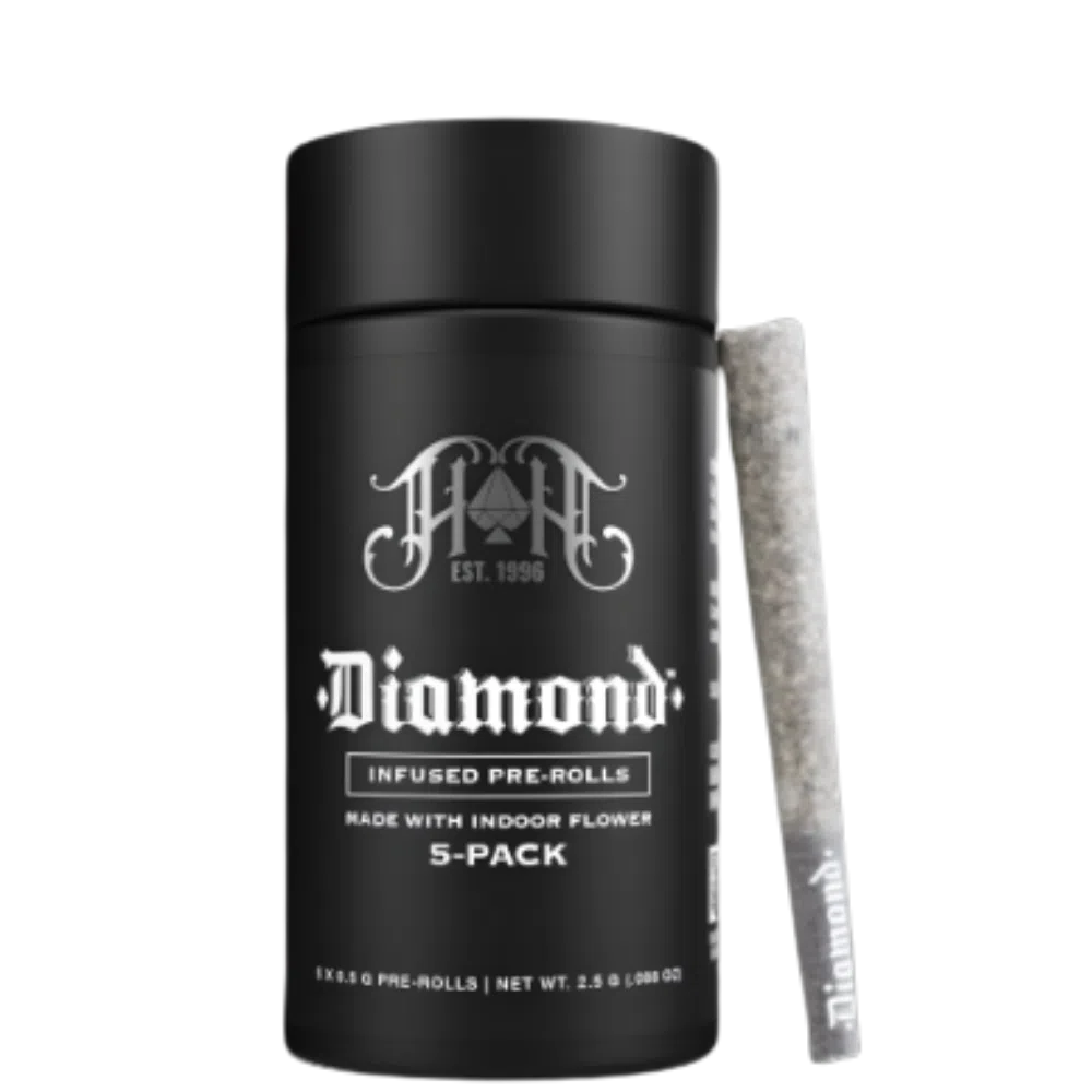 Heavy Hitters Infused Diamonds Multipack – COTC OG – 2.5g (Indica) Black cylindrical jar labeled Diamond Infused Pre-Rolls, 5-pack, with a single pre-roll leaning against it.