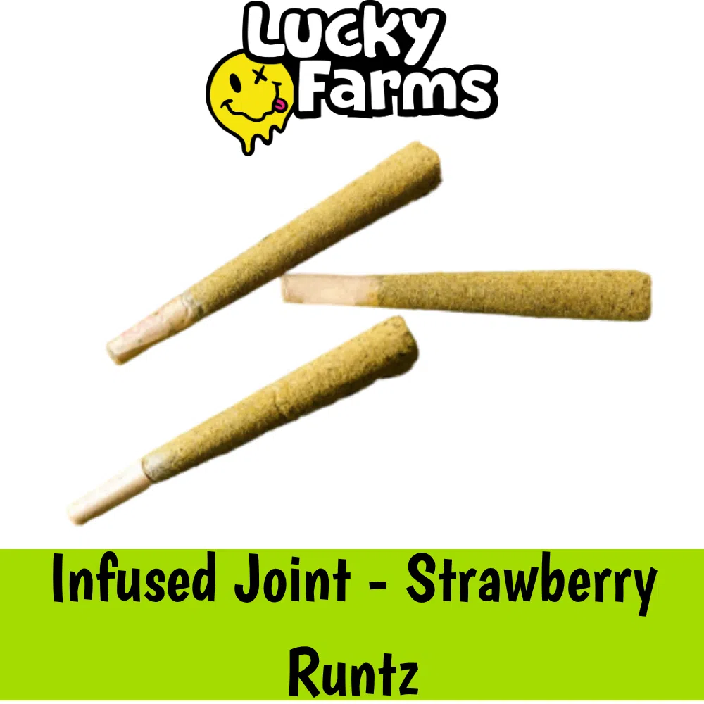 Infused Joint – Strawberry Runtz – 1g (Hybrid) Brand name 'Lucky Farms' with a yellow smiley logo above three beige, cylindrical infused joints; green banner at bottom reads 'Infused Joint - Strawberry Runts'—product packaging image