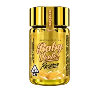 Baby Jeeter – RESERVE- CanDiesel – 2.5g (Sativa) Gold cannabis product bottle labeled 'Baby Jeeter Reserve', limited edition, with CA warning symbol and splash graphic.