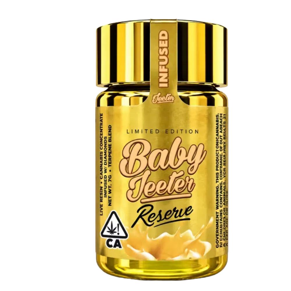 Baby Jeeter – RESERVE- CanDiesel – 2.5g (Sativa) Gold cannabis product bottle labeled 'Baby Jeeter Reserve', limited edition, with CA warning symbol and splash graphic.