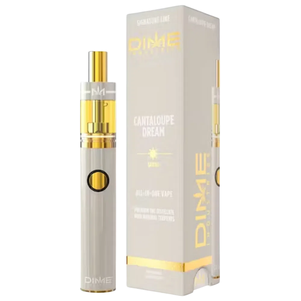 Dime – 2g Cantaloupe Dream Disposable Pen (Sativa) Gold and silver vape pen with circular button next to matching gray box labeled DIME Cantaloupe Dream — all-in-one vape accessory (logo visible)