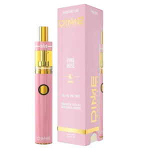 Dime – 2g Pink Rose Disposable Pen (Hybrid) Pink vape pen with gold accents beside a pink box labeled Pink Rosé by Dime Industries (All-In-One Vape).
