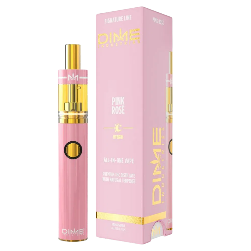 Dime – 2g Pink Rose Disposable Pen (Hybrid) Pink vape pen with gold accents beside a pink box labeled Pink Rosé by Dime Industries (All-In-One Vape).