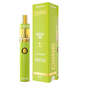 Dime – 2g Tropical Kiwi Disposable Pen (Hybrid) Green all-in-one vape pen with gold accents standing next to a lime-green DIME Tropical Kiwi packaging box, showing the 'TROPICAL KIWI' label and circular power button on the device.