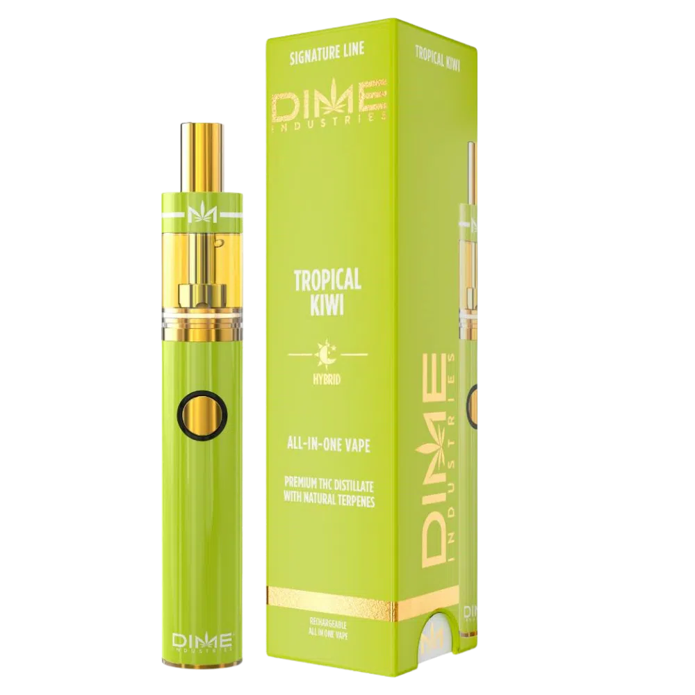 Dime – 2g Tropical Kiwi Disposable Pen (Hybrid) Green all-in-one vape pen with gold accents standing next to a lime-green DIME Tropical Kiwi packaging box, showing the 'TROPICAL KIWI' label and circular power button on the device.